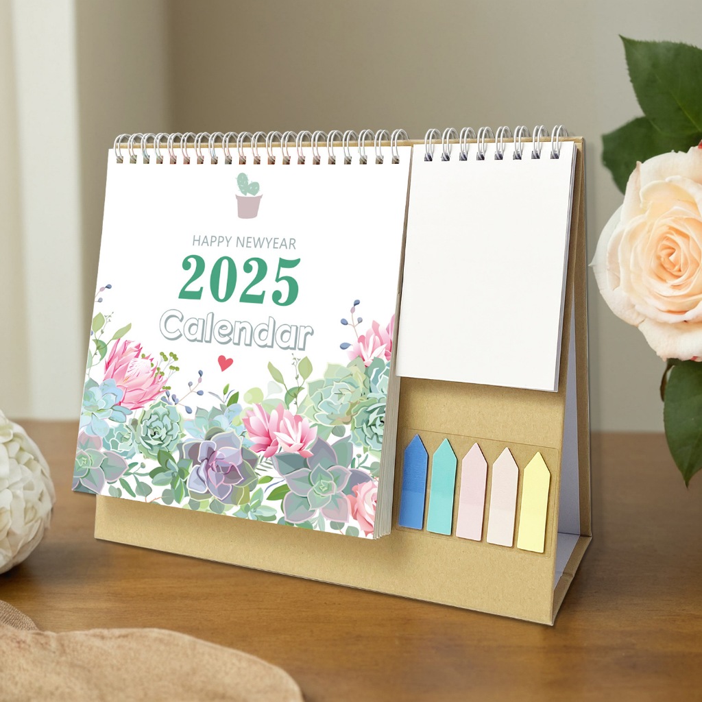 Ashely 2025 ปฏิทินตั้งโต๊ะพร้อมสติกเกอร์ดัชนี & Memorandum Jan.2025-Dec.2025 Calendar Planner