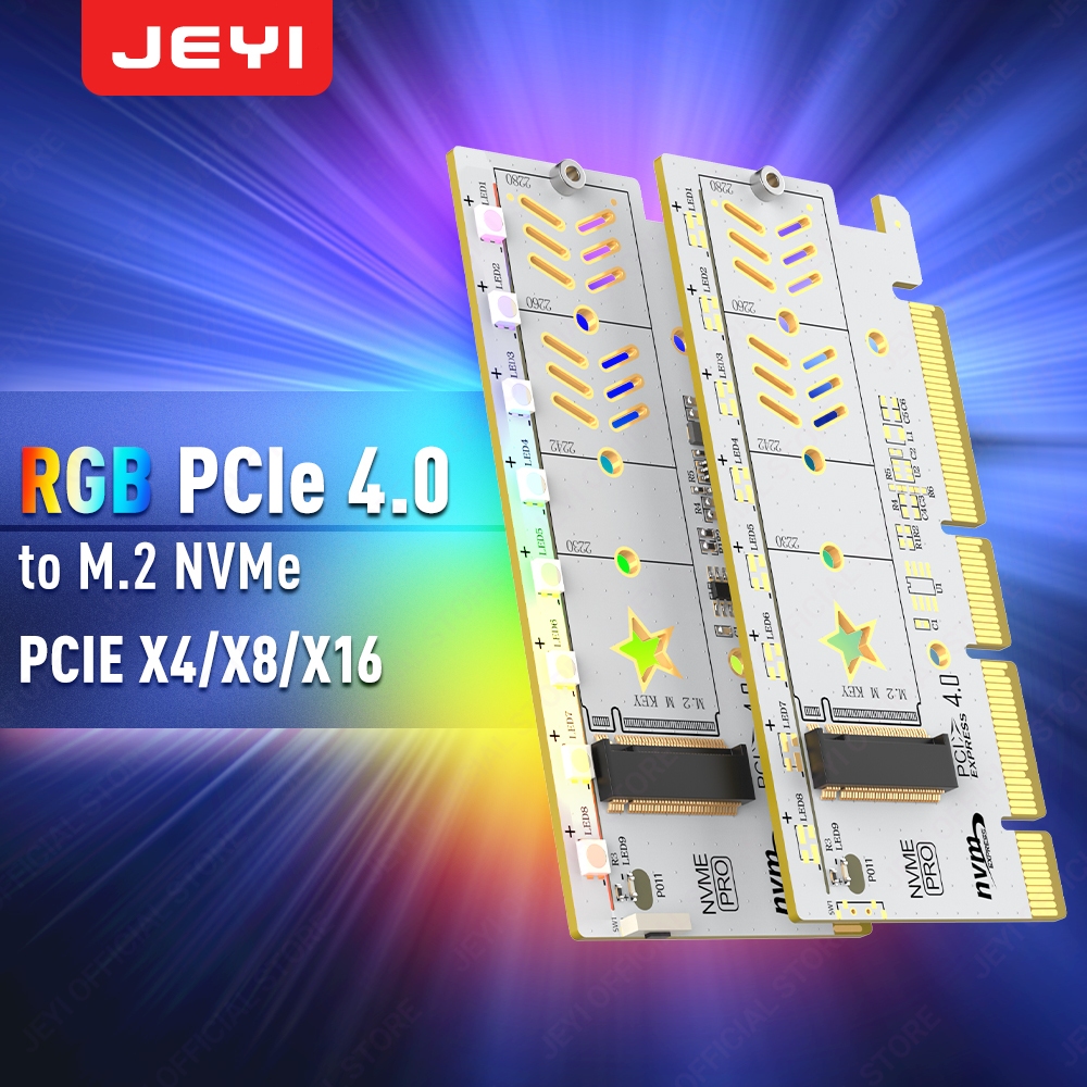 Jeyi RGB PCIe 4.0 NVMe อะแดปเตอร์,NVMe ถึง PCI-E M.2 SSD X16 X8 X4 การ์ดอะแดปเตอร์, 2280 ขนาด, อินเทอร์เฟซคีย์ M เข้ากันได้กับ Gen4 Gen3 Gen2 Gen1