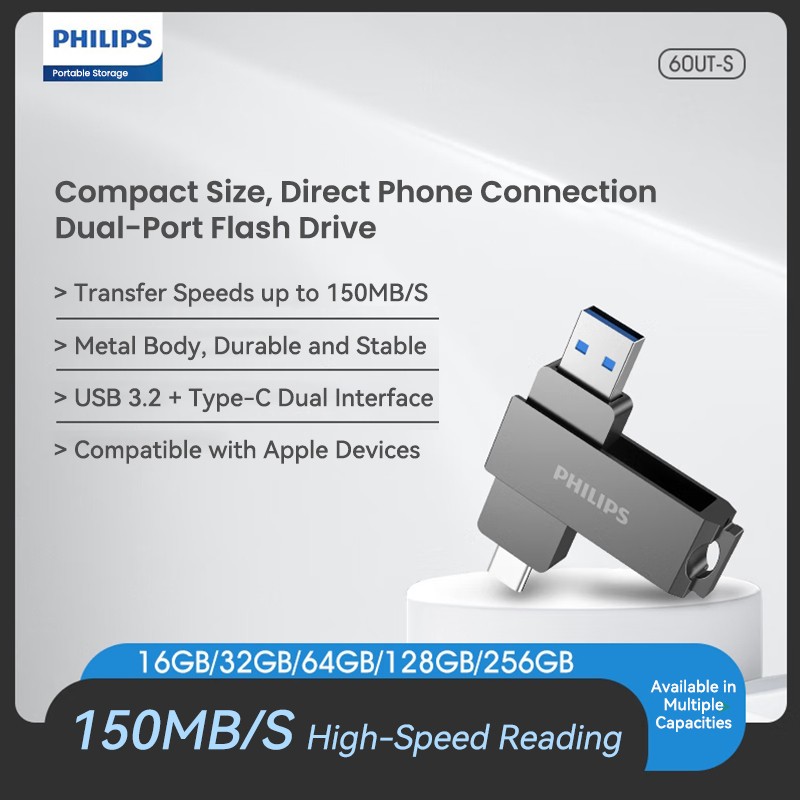 【Genuine  Philips】USB3.2 Flash Transfer+Type-C แฟลชไดรฟ์อินเทอร์เฟซคู่  32GB/64GB USB3.0 Memory Stick