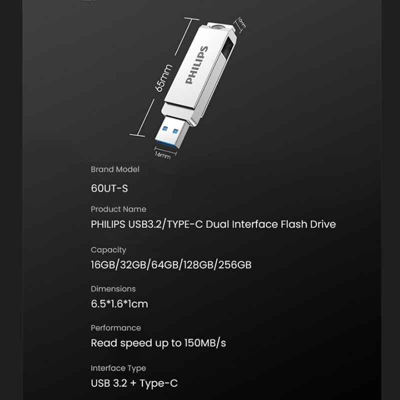【Genuine  Philips】USB3.2 Flash Transfer+Type-C แฟลชไดรฟ์อินเทอร์เฟซคู่  32GB/64GB USB3.0 Memory Stick