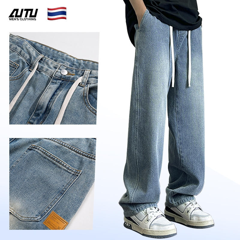 AUTU กางเกงผู้ชาย กางเกงยีนส์ผู้ชาย เอวยางยืด ทรงตรง รุ่นใหม่ปี 2025 ใส่สบาย บาง สไตล์สบายๆ สตรีทแฟชั่น เทรนด์ใหม่ สีฟ้า ดีไซน์เรียบง่าย