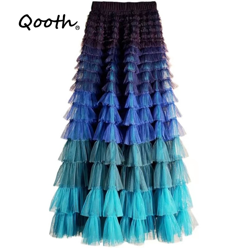 Qooth Gradient ไม่สม่ําเสมอความยาวกลางตาข่าย Ruffle กระโปรงเอวยางยืด Slim A-line Fairy กระโปรงผ้ากอซ QT2523