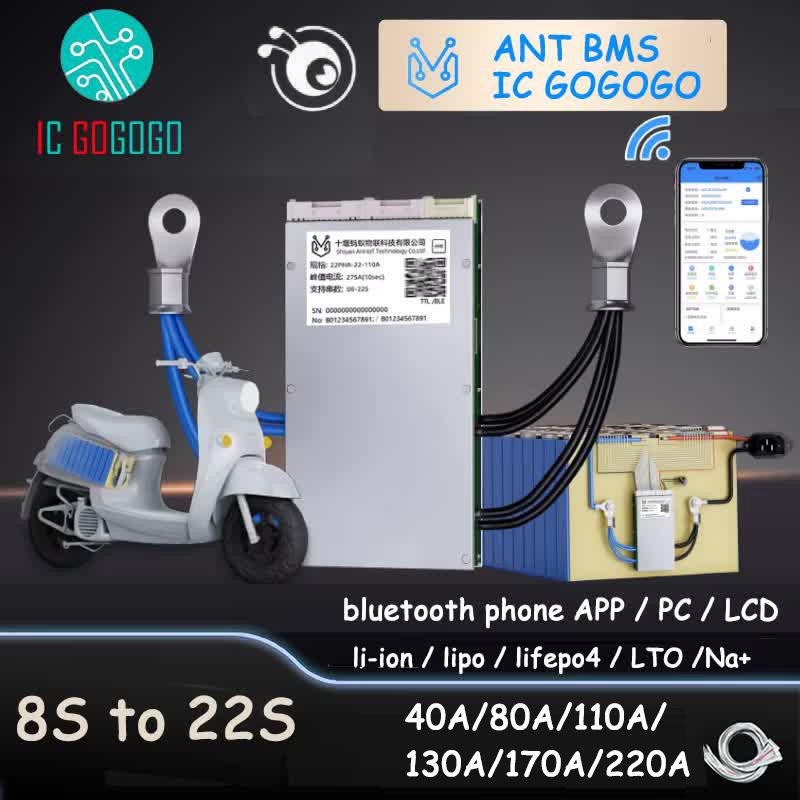 8s ถึง 22S ANT BMS 40A 80A 100A 110A 130A 275A 325A 550A สมาร์ทแบตเตอรี่ลิเธียม Lipo ion Lifepo4 LTO