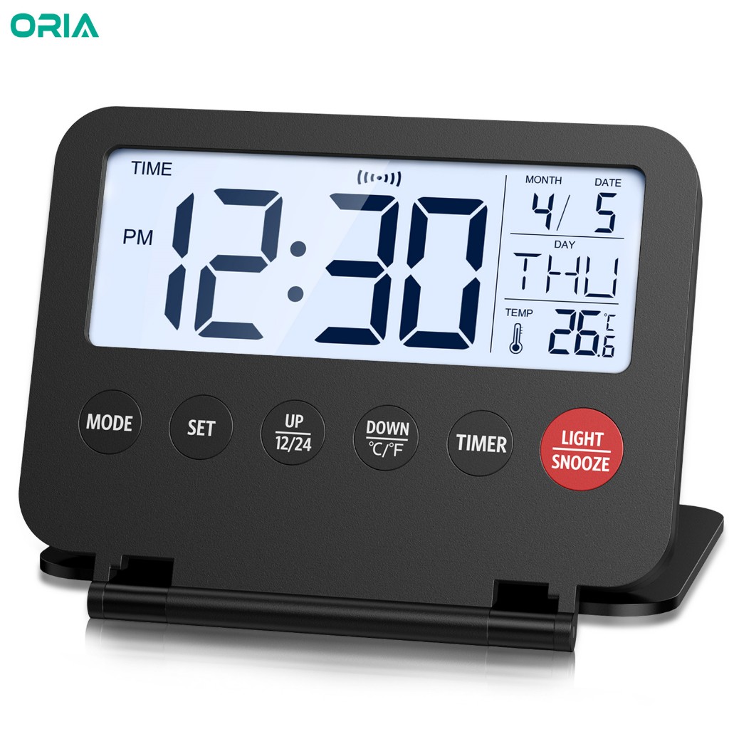 Oria นาฬิกาปลุกท่องเที่ยวดิจิตอลแบบพับได้แบตเตอรี่ดําเนินการนาฬิกาตั้งโต๊ะพร้อมวันที่และอุณหภูมิจอแสดงผลฟังก์ชั่นจับเวลาสําหรับการเดินทางทําอาหารเรียน