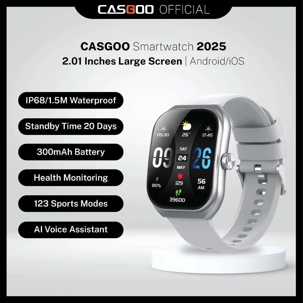 CASGOO สมาร์ทวอทช์ 2025 สมาร์ทวอทช์บลูทูธ การตรวจสอบสุขภาพ กันน้ำ IP68 รองรับโหมดกีฬา 123 รูปแบบ