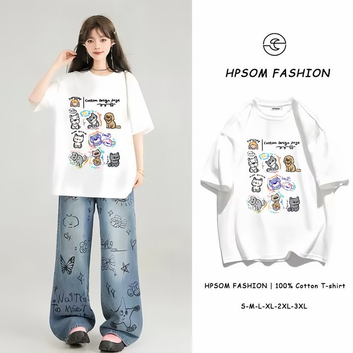 เสื้อยืดแขนสั้นผู้หญิง HPSOM แมวสุดน่ารัก ผ้าฝ้าย 100% เสื้อยืดโอเวอร์ไซส์ทรงหลวม เสื้อยืดสาวอวบ