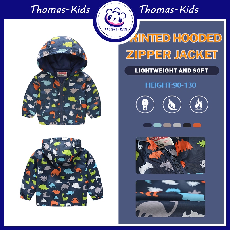 [THOMAS KIDS] เสื้อแจ็คเก็ตซิปไดโนเสาร์เด็กชายแฟชั่นพิมพ์ลาย เสื้อฮู้ด สําหรับเด็ก 2-7 ปี