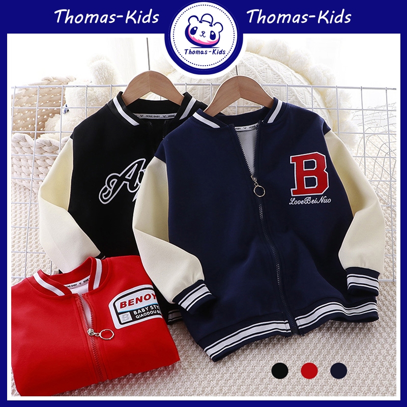 [Local Shipping]เด็กเบสบอลแจ็คเก็ตผ้าฝ้ายเย็บสีซิปตัวอักษรเสื้อสำหรับเด็กชายและหญิงอายุ 2-10 ปี