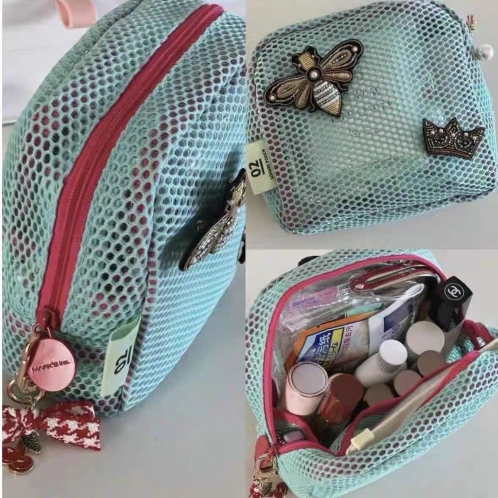 Mesh Storage Bag กระเป๋าเก็บของ กระเป๋าเครื่องสําอางตาข่ายความจุขนาดใหญ่สีลูกกวาด, กระเป๋าใส่เหรียญสีโดปามีน