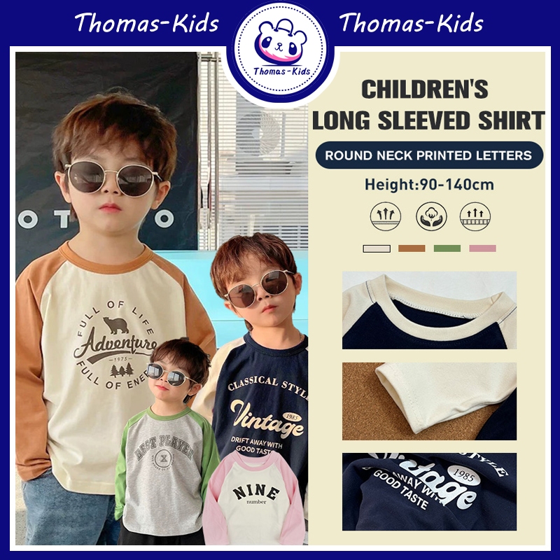 [THOMAS KIDS] เด็กแขนยาวรอบคอตัวอักษรเสื้อยืดฤดูใบไม้ผลิและฤดูใบไม้ร่วงพิมพ์ด้านบนสำหรับเด็กชายและหญิงอายุ 1-11 ปี