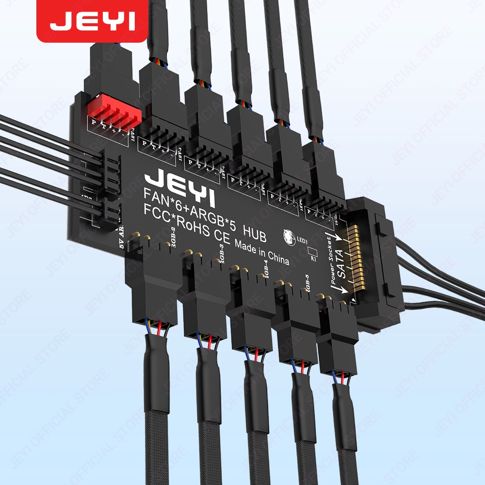 Jeyi ARGB PWM ฮับพัดลม 5 ทาง 12V 4Pin PWM และ 5V 3Pin ARGB 2-in-1 พัดลม RGB ตัวแยกแถบ RGB