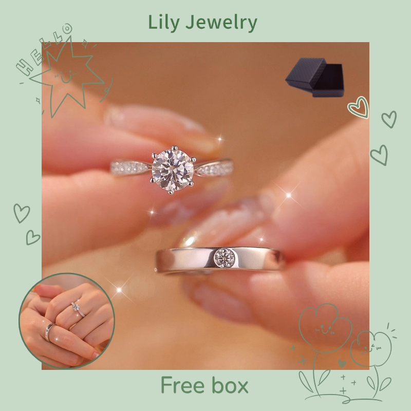 เรียบง่าย ส925 เงินหกกรงเล็บเพชรแหวนคู่แฟชั่นเปิดปรับผู้ชายผู้หญิงแหวนคู่ของขวัญวันวาเลนไทน์