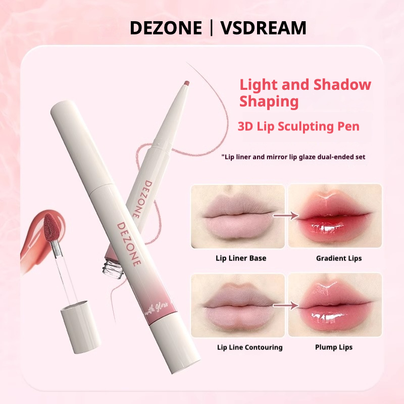 DEZONE Double-Headed Lip Glaze Mirror ลิปสติก Lip Liner Non-Fade Non-Stick Cup