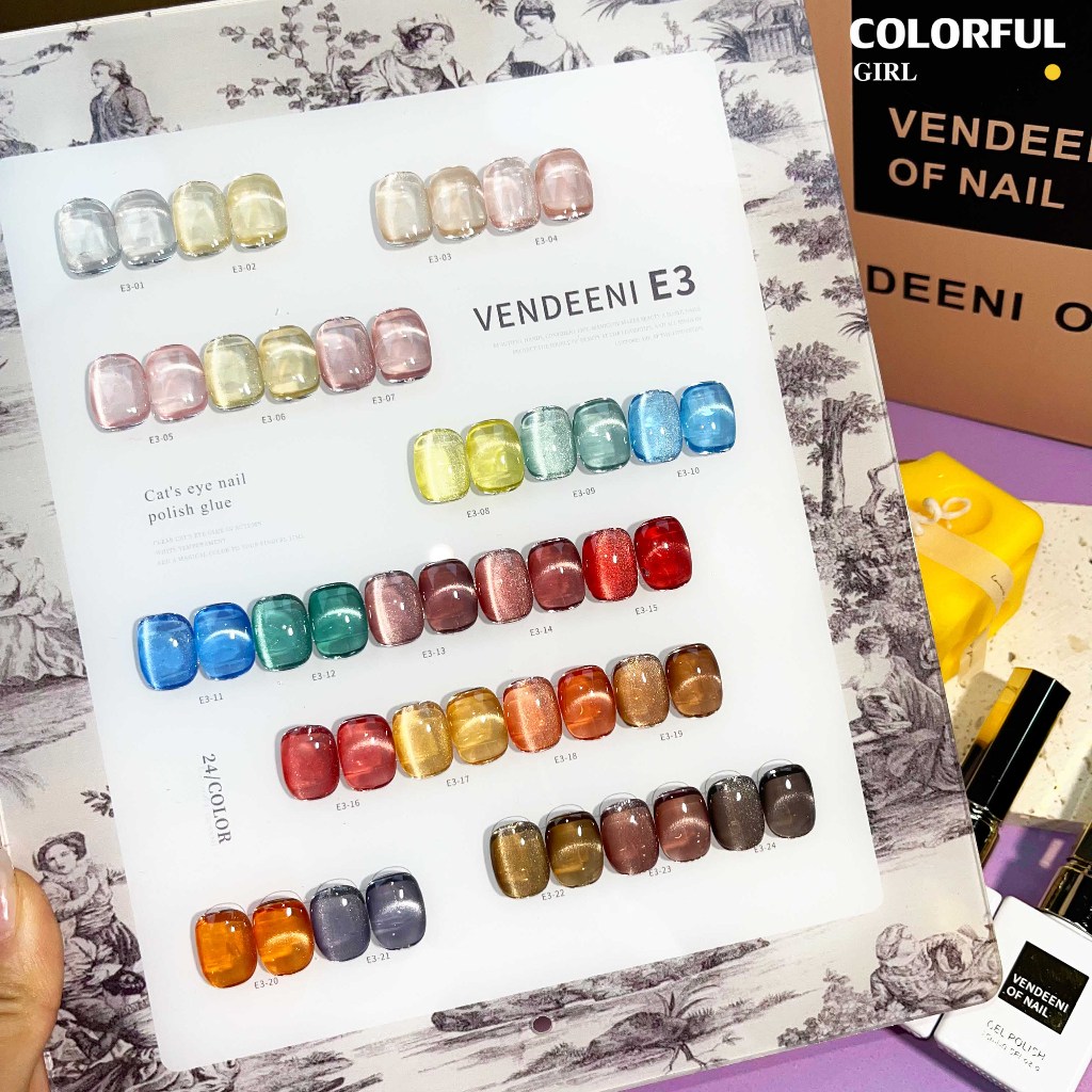 พร้อมส่งในไทย สีเจลทาเล็บแคทอาย《 VENDEENI E-3 》24 สี สีลูกแก้วแคทอาย ลูกแก้ว ส่งไว! พร้อมชาร์ทค่ะแน่นสวยมากเลยนะคะ เอฟเฟกต์มันเงามาก