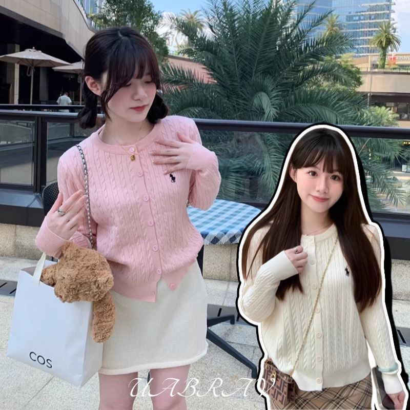 UABRAV. เสื้อถักผู้หญิงฤดูใบไม้ร่วง/ฤดูหนาววินเทจ คอกลม ปักบิดถักเสื้อกันหนาวแจ็คเก็ต