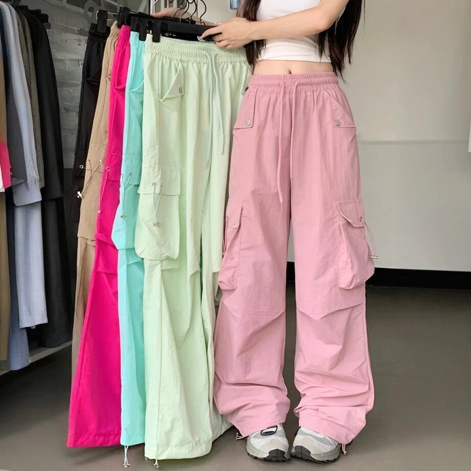 Rommers สไตล์เกาหลีสไตล์ใหม่เอวยางยืด เชือกรูด กางเกงลําลองผู้หญิงเฉพาะหลวมกางเกงขากว้าง