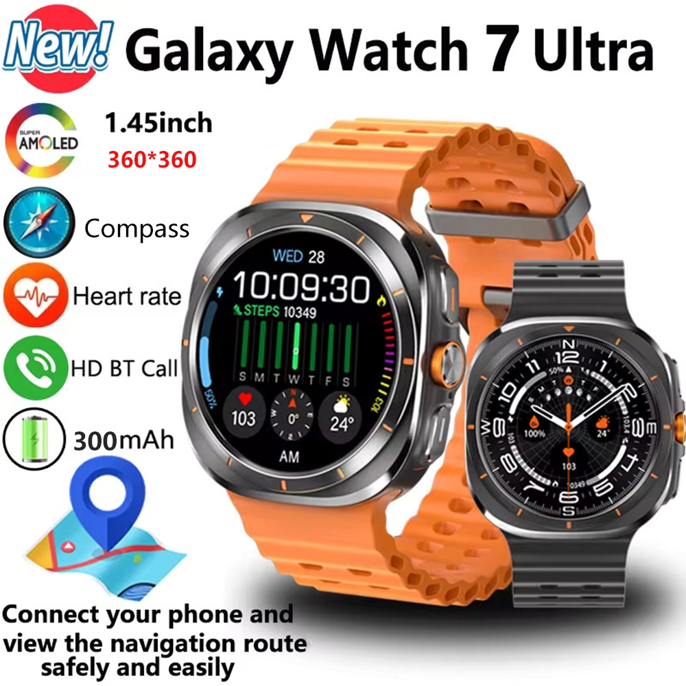 2024 ใหม่สําหรับ Samsung Galaxy นาฬิกา 7 Ultra GPS เข็มทิศสมาร์ทนาฬิกา IP68 กันน้ํากลางแจ้งกีฬา Man AMOLED BT Call IP68 Galaxy 6 อัพเกรด Smartwatch Multi สายคล้องนาฬิกา