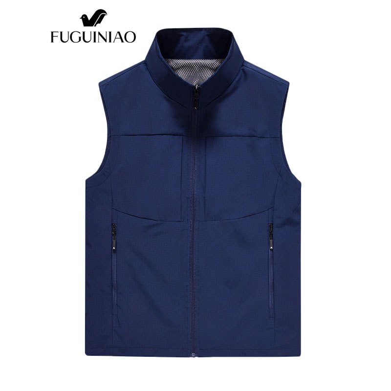 ฟูเกียว ฤดูใบไม้ผลิและฤดูใบไม้ร่วงกลางแจ้งสบายๆเสื้อกั๊กผู้ชายหลายกระเป๋ายืนขึ้นปกตาข่ายกีฬาเสื้อกล้าม