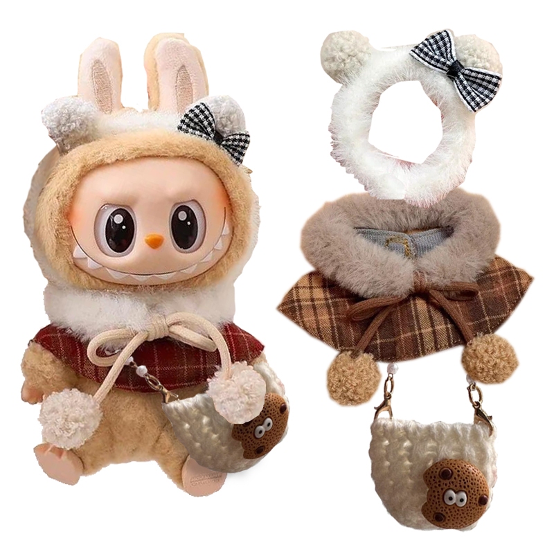 17 ซม.Labubu ตุ๊กตาเสื้อผ้า Macaron นั่งปาร์ตี้คริสต์มาส Checkered Plush เสื้อคลุมเสื้อผ้า labu V2 เสื้อผ้า Ropa Labubu