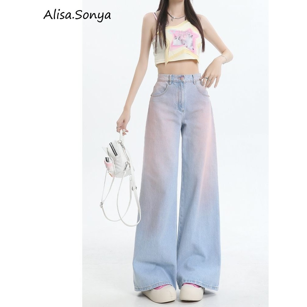 CL|Alisa.Sonya Gradient Tencel กางเกงยีนส์หลวมเอวสูงตรงกางเกงขากว้าง 24AS1118