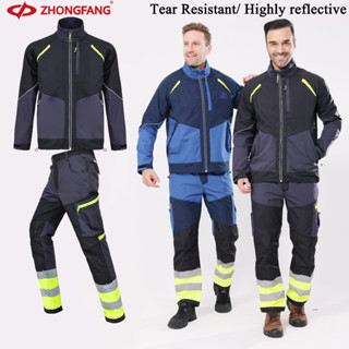 จงฟางฟาง ผู้ชายสะท้อนแสงความปลอดภัยทํางานแจ็คเก็ต + กางเกงสู…