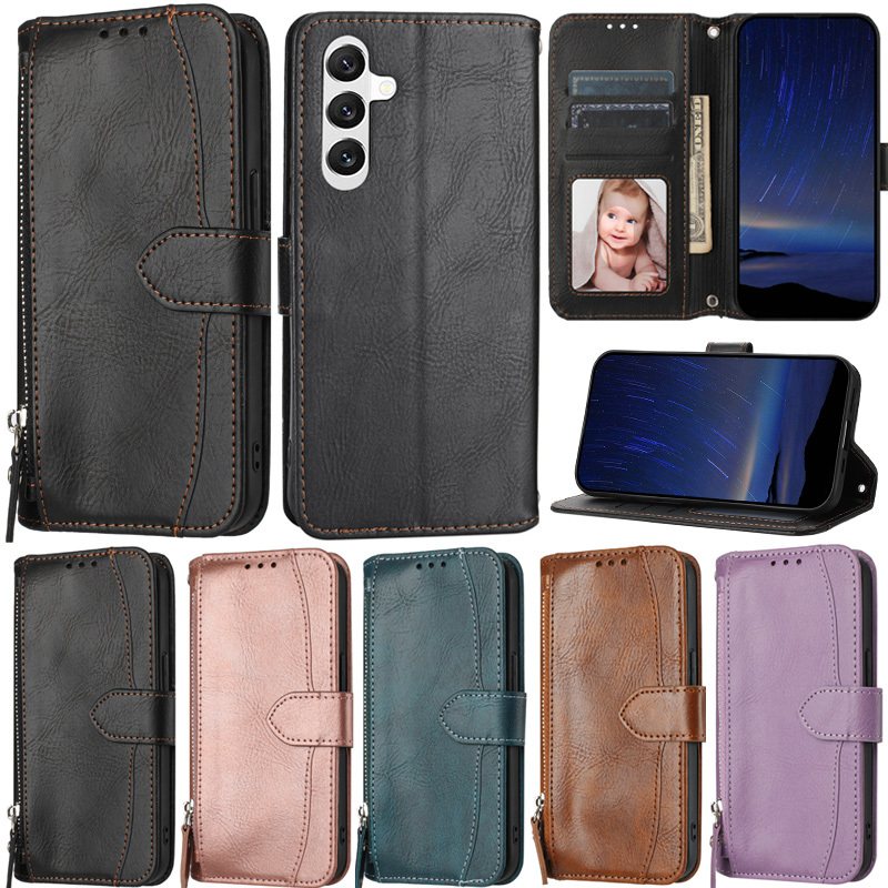 ซิปสําหรับ Samsung Galaxy A34 A54 A14 5G A23 A53 A33 A73 5G A12 M23 M12 F12 5G Luxury Retro กระเป๋าสตางค์หนัง Pu Flip คลุมทั้งหมดขาตั้งผิวป้องกันกรณี