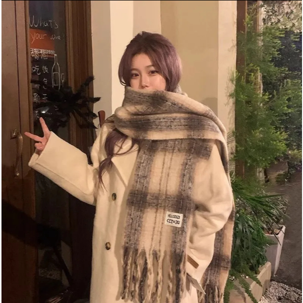 ผ้าพันคอลายสก๊อตฤดูใบไม้ร่วงฤดูหนาววินเทจหนาอบอุ่นผ้าคลุมไหล่ผ้าพันคอนักเรียน