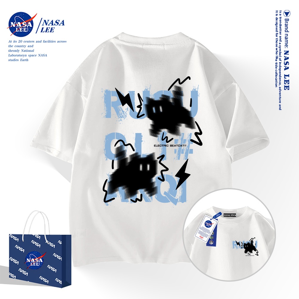 Nasa American Trend เสื้อยืดแขนสั้นผ้าฝ้าย 100% ผู้ชายผู้หญิง Original Lightning Cat เสื้อผ้าครึ่งแขน