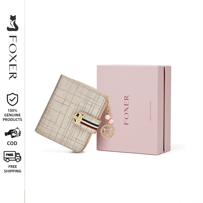 FOXER กระเป๋า สตางค์ สุภาพสตรี มีซิป สีทอง คลิปใส่บัตรหลายใบ แบบสั้น แบบพกพา