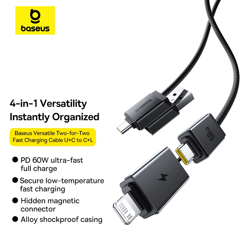 Baseus สายชาร์จเร็วอเนกประสงค์ 2-in-2 U+C to C+L รองรับ 60W ความยาว 0.6m / 1m / 2m