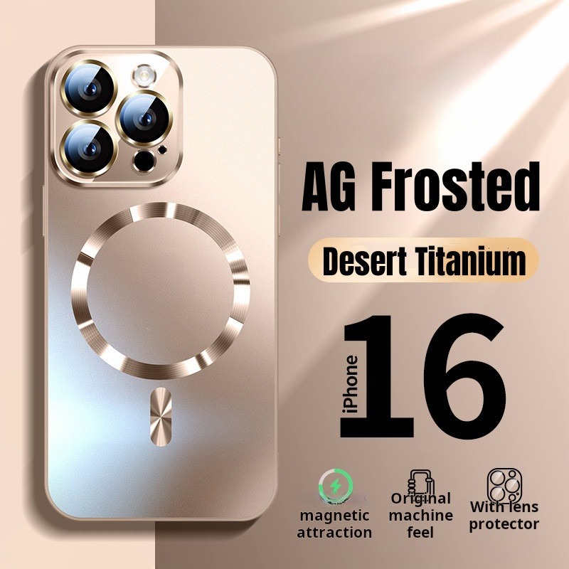Desert gold AG Frosted Glass เคสโทรศัพท์แม่เหล็กสําหรับ iPhone 16 Pro Max 15 14 13 12 11 Pro Max Plus กล้องป้องกันเลนส์ป้องกันปลอกกันกระแทก Matte Hard ฝาหลัง