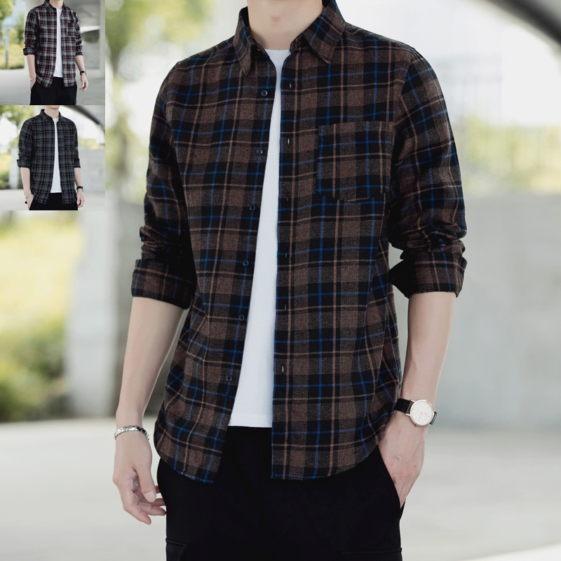 เสื้อเชิ้ตแขนยาว ลายสก๊อต สไตล์เกาหลี แฟชั่นสําหรับผู้ชาย ไซซ์ M - 4XL 2022