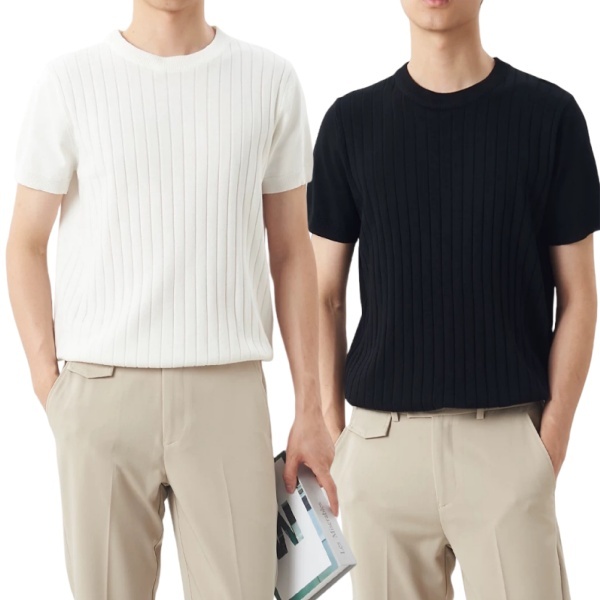 ProMan-ผู้ชายถักแขนสั้น  แขนสั้นสีทึบคอกลม  เอียง  ลมที่สุกแล้ว  แนวโน้ม