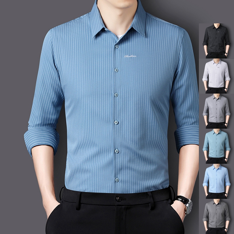 [M~5XL] เสื้อเชิ้ตแขนยาว ลายทาง สีขาวดํา คุณภาพสูง สไตล์เกาหลี พลัสไซซ์ สําหรับผู้ชาย