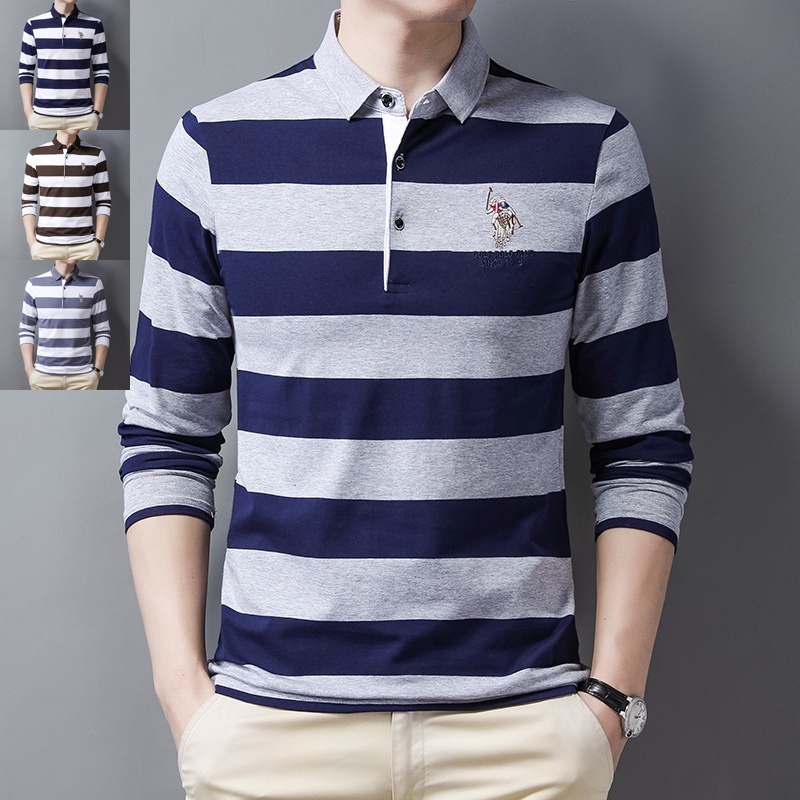 เสื้อโปโลแขนยาวลําลอง ลายทาง สไตล์เกาหลี แฟชั่นฤดูร้อน สําหรับผู้ชาย ไซซ์ M - 4XL