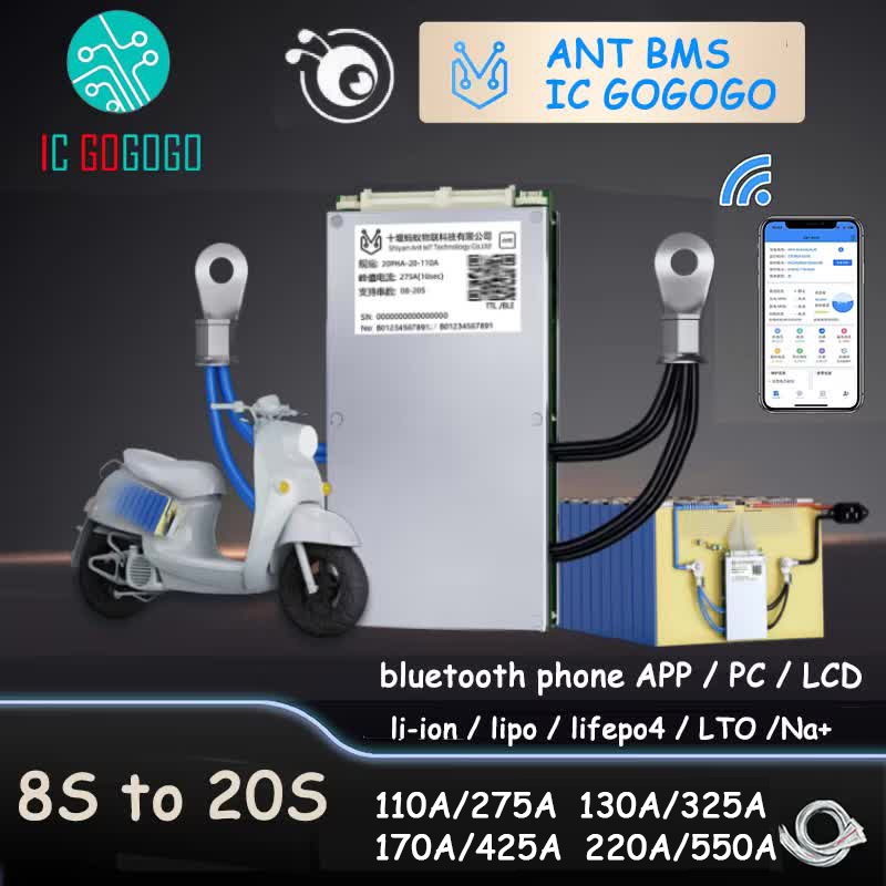 8S ถึง 20S ANT BMS 110A 130A 275A 325A 170A 550A 220A สมาร์ทแบตเตอรี่ลิเธียม Li-ion Lifepo4 LTO Na +