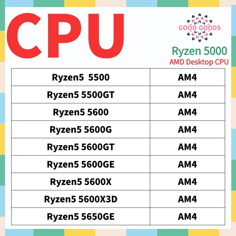 Ryzen5 5500 R5 5500GT R5 5600 R5 5600G R5 5600GE R5 5600X R5 5600X3D R5 5650GE AMD Ryzen 5000 โปรเซส
