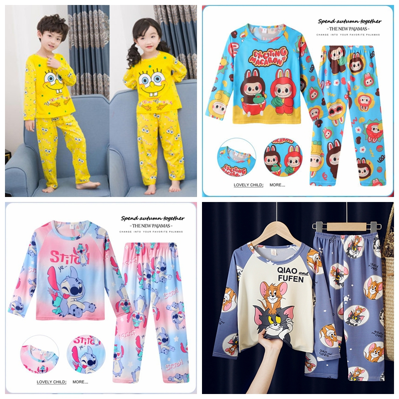 Boy or Girls แขนยาวรอบคอ Spongebob Nightclothes วัยรุ่นโพลีเอสเตอร์หวานชุดนอนสําหรับ 3 - 4 ปี