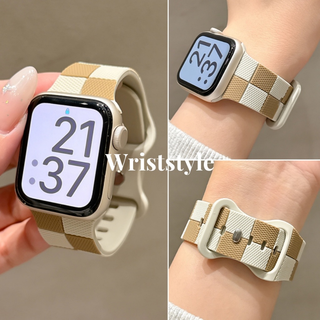 กระดานหมากรุก สายนาฬิกาซิลิโคนสําหรับ iWatch S10/9/8/7/6/5/4/3 SE2 ULTRA Skin friendly ยางเปลี่ยนสร้อยข้อมือสําหรับ iWatch 49MM 46 45 44 42 41 40 38 breathable