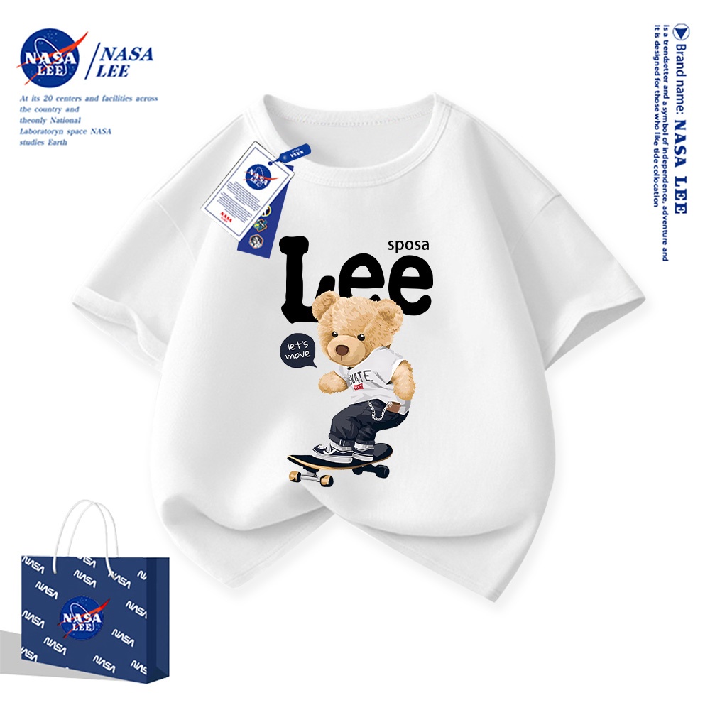【จัดส่งภายใน 48 ชั่วโมง】เสื้อยืดผ้าคอตตอนหลวมๆ สไตล์อเมริกัน NASA สำหรับเด็ก ลายหมีเล่นสเก็ต แขนสั้น