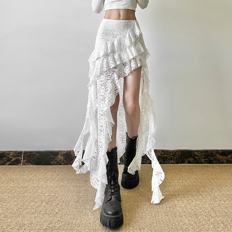 Kliou ลูกไม้กระโปรงผอมไม่สม่ําเสมอสูงเอว Hip-Covering Ruffles Stacked & Ruched Hollow Out Casual แฟชั่นหวานอเนกประสงค์สไตล์