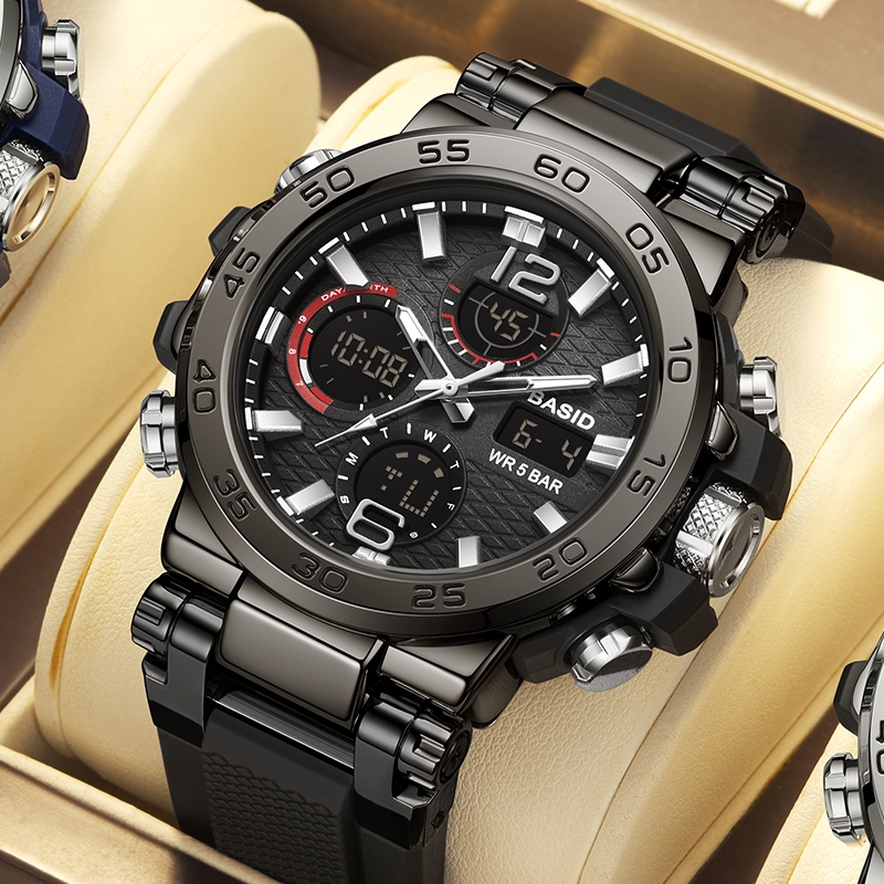 BASID 2405/Original Men Watch กีฬาฟิตเนส Dual Display นาฬิกาข้อมือ LED มัลติฟังก์ชั่นว่ายน้ําทหาร Mens Watch
