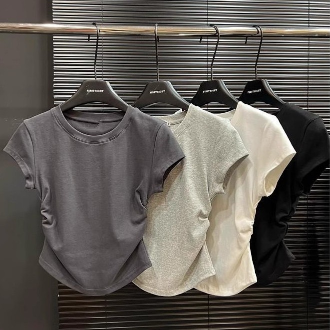 【WJZ】เสื้อยืดแขนสั้นดีไซน์เอวสีทึบของผู้หญิง【T73】