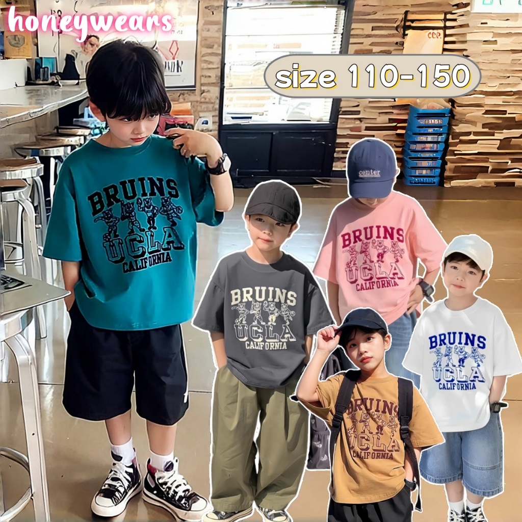 honeywears⚡️พร้อมส่ง⚡️เสื้อยืดลำลองเด็กฤดูร้อน แขนสั้น สไตล์เกาหลี งานสกรีนลายตัวอักษรแฟชั่น ไซส์ 110-150