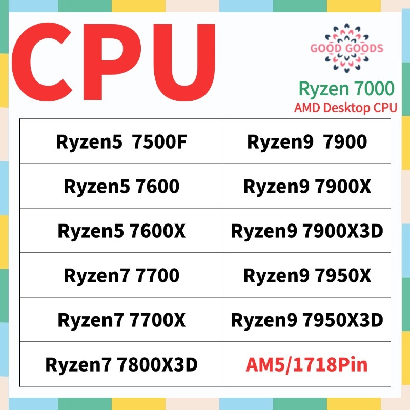 Ryzen5 7500F 7600 7600X Ryzen7 7700 7700X 7800X3D Ryzen9 7900 7900X3D 7950X 7950X3D AMD Ryzen 7000 โ
