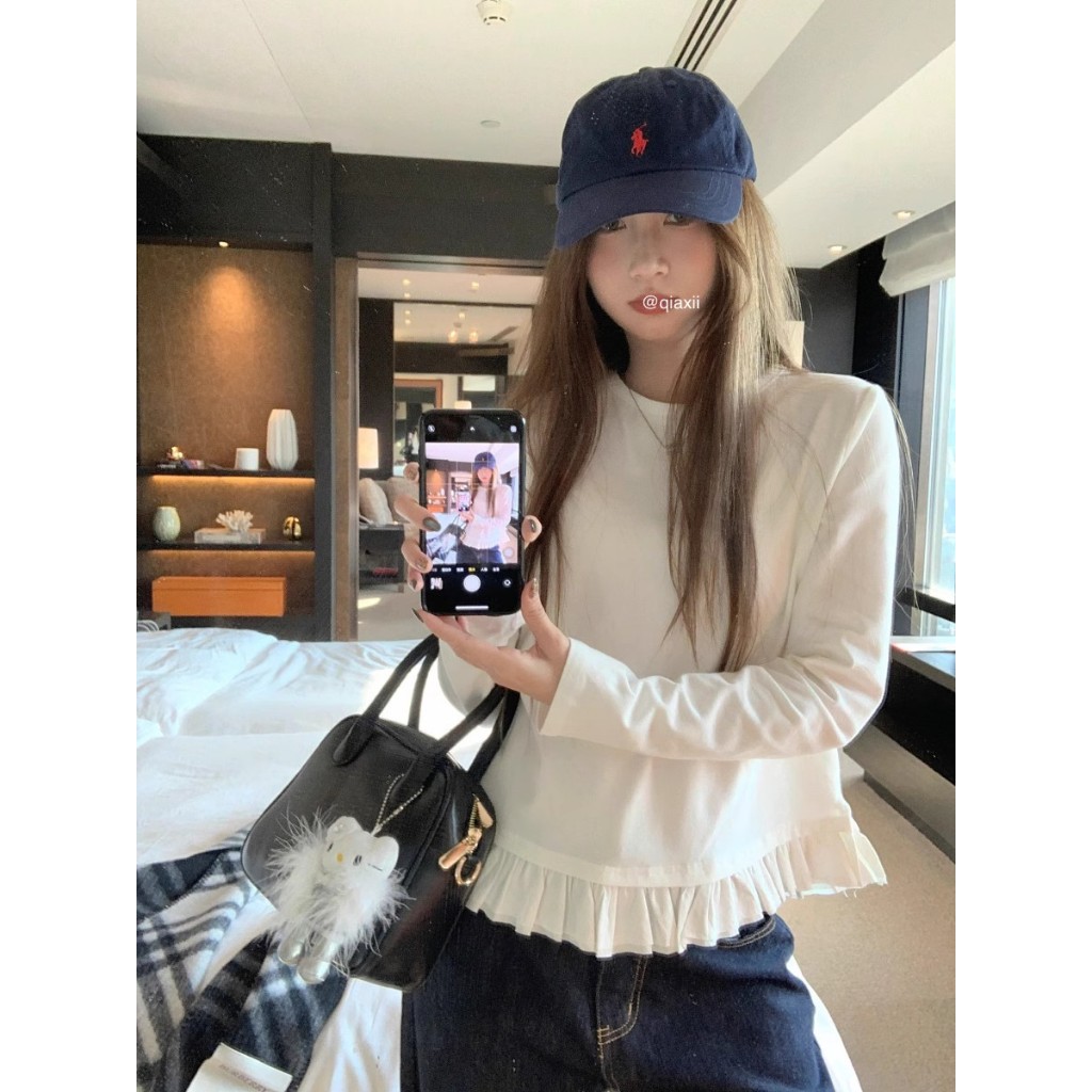 NZN เสื้อยืดแขนยาวจับจีบสีขาวสําหรับผู้หญิงฤดูใบไม้ผลิ