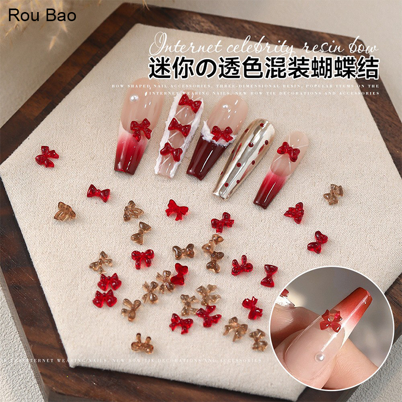 Rou Bao 50 ชิ้นเล็บผสมสีแดง Maillard Bow หลายสไตล์ Girly 3D เรซิ่นเล็บ Art DIY Charms ตกแต่ง