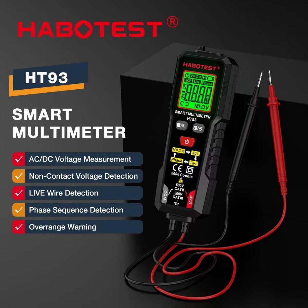 Habotest HT93 มัลติมิเตอร์แบบดิจิตอลเครื่องทดสอบแรงดันไฟฟ้า 2000 นับ 600V AC/DC โวลต์เมตร NCV ลําดับเฟสอัตโนมัติตั้งแต่ Multimetry
