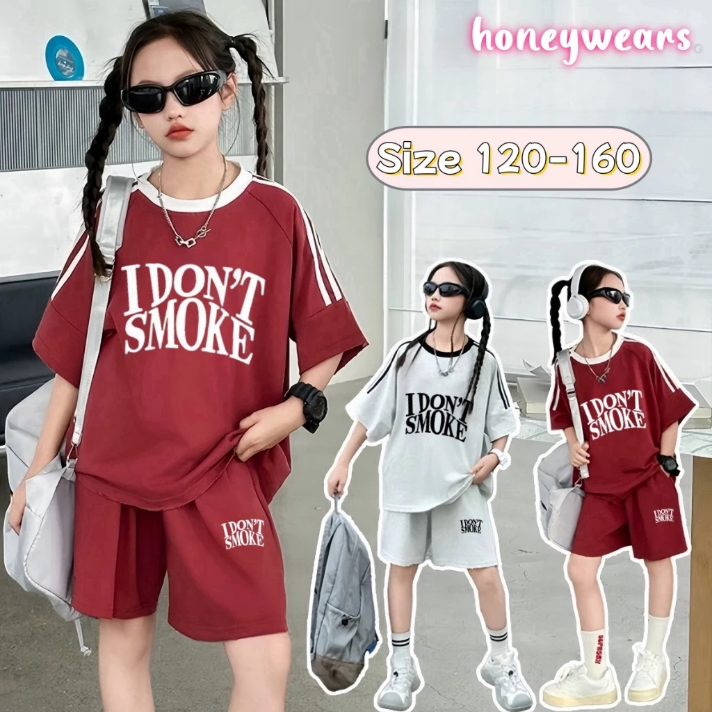 honeywears⚡️พร้อมส่ง⚡️ชุดสูทลูกสาวฤดูร้อน เสื้อยืดแขนสั้นกางเกงขาสั้น แฟชั่น 2ชิ้น สีสดใส ไซส์ 120-160