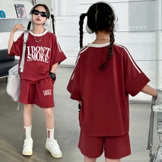 honeywears⚡️พร้อมส่ง⚡️ชุดสูทลูกสาวฤดูร้อน เสื้อยืดแขนสั้นกางเกงขาสั้น แฟชั่น 2ชิ้น สีสดใส ไซส์ 120-160